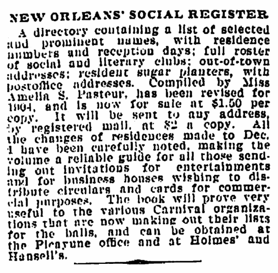 An article about social registers, Times-Picayune newspaper article 3 May 1904