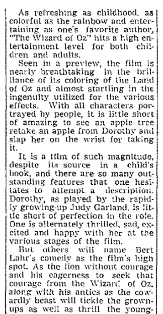 An article about “The Wizard of Oz,” Times-Picayune newspaper article 18 August 1939