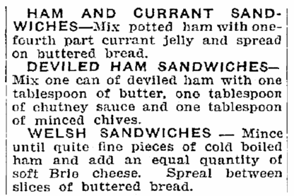 Ham sandwich recipes, Trenton Evening Times newspaper article 14 January 1915