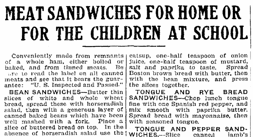 An article about meat sandwiches, Trenton Evening Times newspaper article 14 January 1915