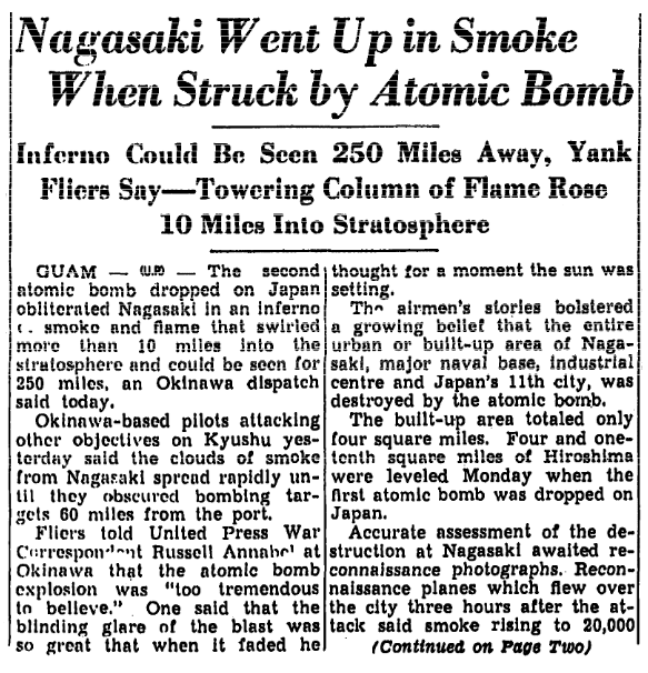 An article about the atomic bombing of Nagasaki, Japan, Trenton Evening Times newspaper article 10 August 1945