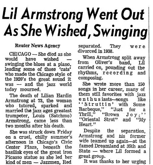 An obituary for jazz musician Lillian Armstrong, Wichita Eagle newspaper article 30 August 1971