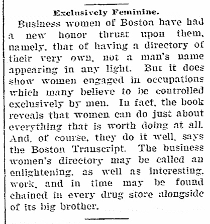 An article about women's business directories, Woodbury Daily Times newspaper article 9 September 1903