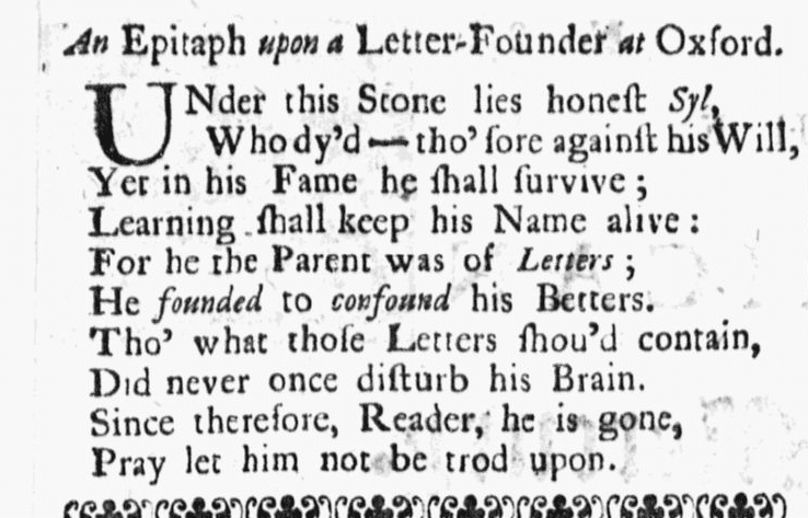 An epitaph for an academic at Oxford, American Weekly Mercury newspaper article 1 April 1736