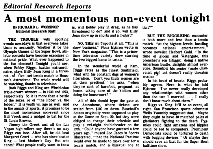 An editorial about the Bobby Riggs v.Billie Jean King tennis match in 1973, Augusta Chronicle newspaper article 20 September 197 
