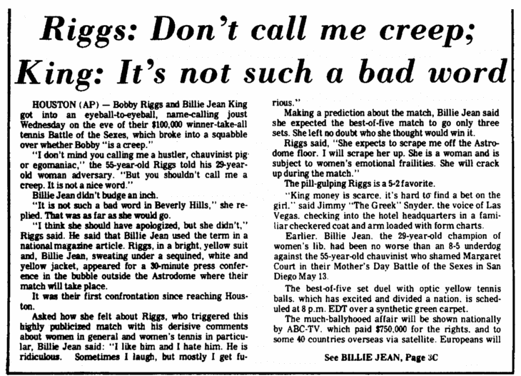 An article about the Bobby Riggs v.Billie Jean King tennis match in 1973, Augusta Chronicle newspaper article 20 September 1973