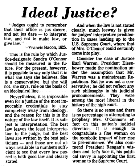 An article about Sandra Day O’Connor being unanimously confirmed by the U.S. Senate to become the first woman justice on the Supreme Court, Augusta Chronicle newspaper article 24 September 1981