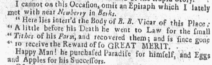 An epitaph for B. B. Vicar, Boston Evening-Post newspaper article 6 September 1736