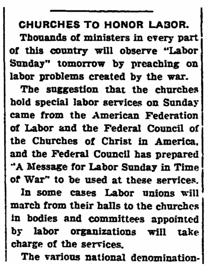 An article about church sermons on Labor Day, Bridgeton Evening News newspaper article 1 September 1917