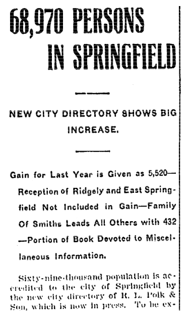 An article about city directories, Daily Illinois State Journal newspaper article 8 October 1907