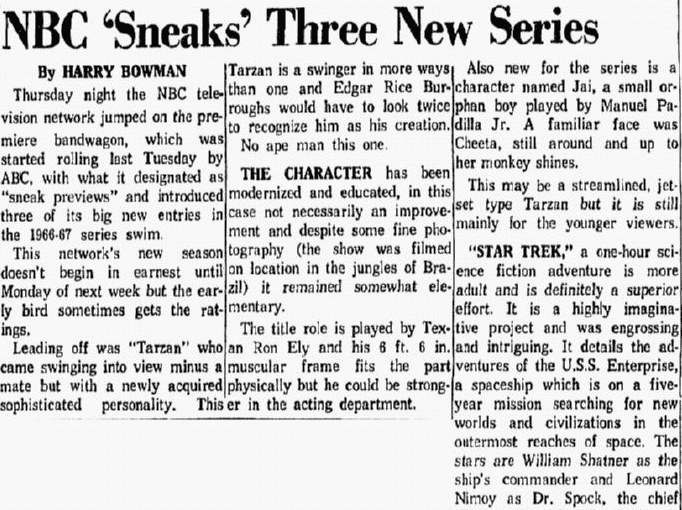 A review of "Star Trek," Dallas Morning News newspaper article 9 September 1966