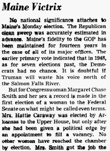 An article about Margaret Chase Smith, Dallas Morning News newspaper article 15 September 1948