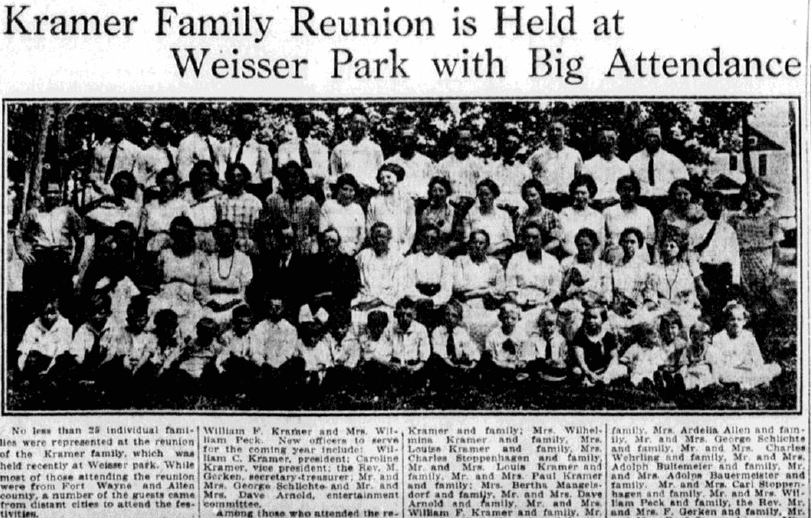 An article about a reunion of the Kramer family, Fort Wayne News Sentinel newspaper article 21 June 1922