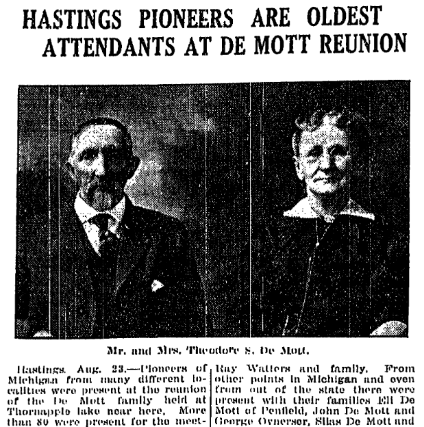An article about a reunion of the De Mott family, Grand Rapids Press newspaper article 23 August 1921