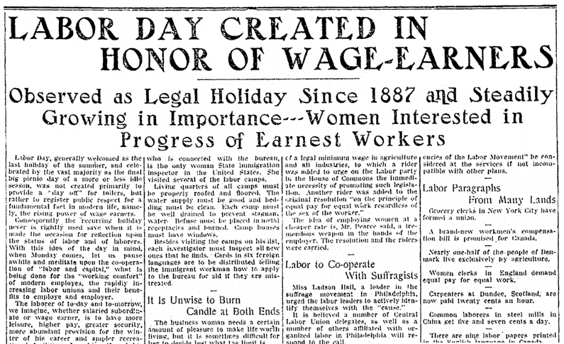 An article about Labor Day, Jersey Journal newspaper article 29 August 1913