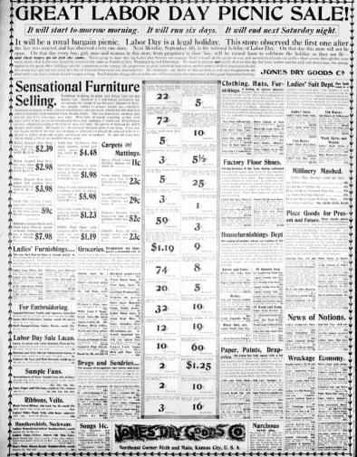 An ad for a Labor Day sale, Kansas City Star newspaper advertisement 27 August 1899