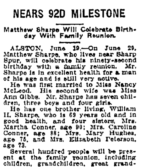 An article about a reunion of the Sharpe family, Macon Telegraph newspaper article 21 June 1916