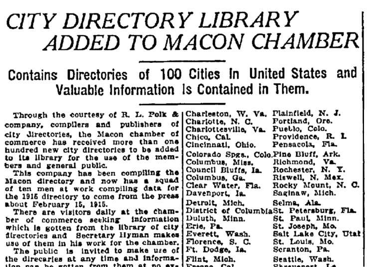 An article about city directories, Macon Telegraph newspaper article 20 December 1914