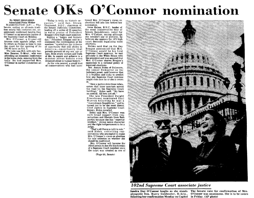 An article about Sandra Day O’Connor being unanimously confirmed by the U.S. Senate to become the first woman justice on the Supreme Court, Mobile Register newspaper article 22 September 1981