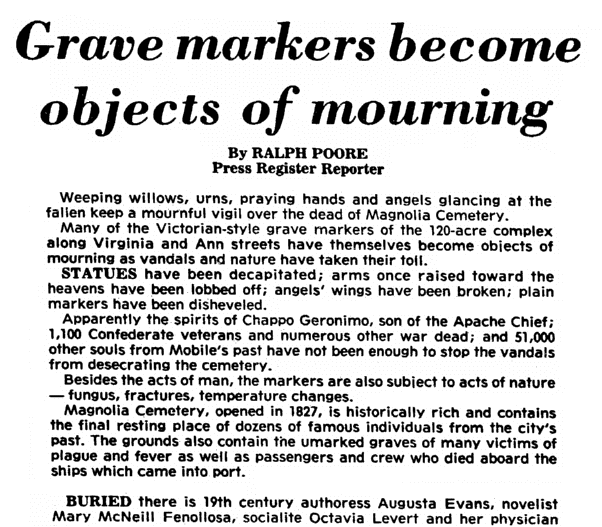 An article about grave markers being damaged, Mobile Register newspaper article 18 October 1981