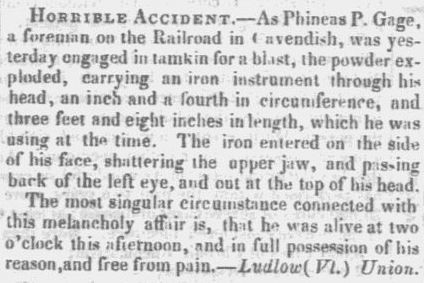 An article about Phineas Gage's accident, Nantucket Inquirer newspaper article 21 September 1848