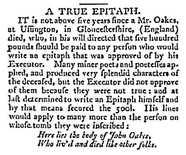 An epitaph for John Oakes, New Jersey State Gazette newspaper article 10 September 1794
