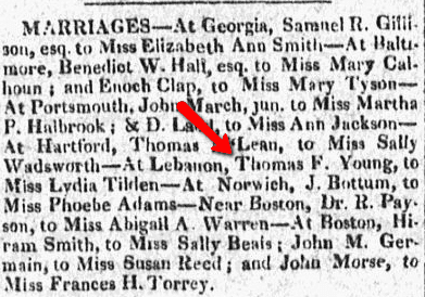 Marriage notice for Thomas Fitch Young and Lydia Tilden, New York Gazette newspaper article 16 June 1812