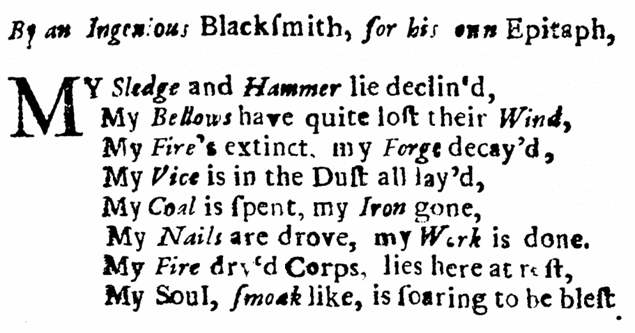 An epitaph for a blacksmith, New York Gazette newspaper article 30 December 1734