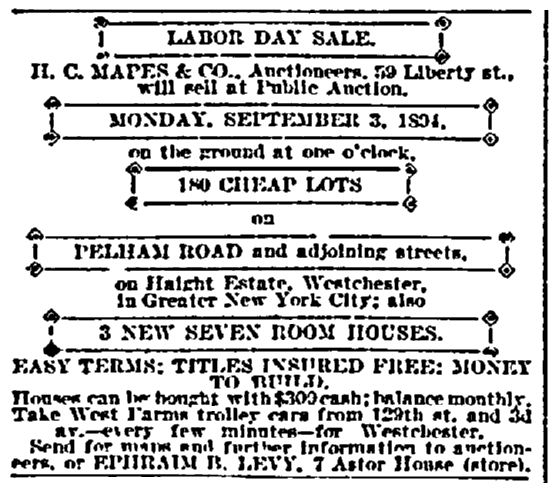 A real estate ad for Labor Day, New York Herald newspaper article 26 August 1894