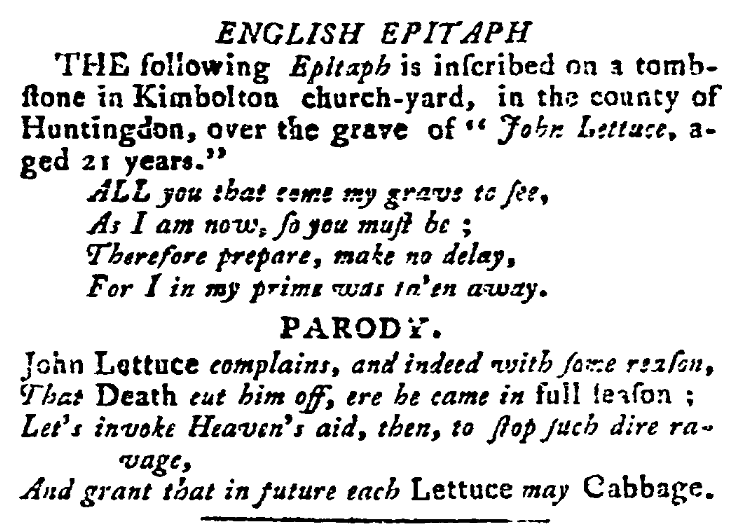 An epitaph for John Lettuce, Newhampshire Gazetteer newspaper article 9 October 1790