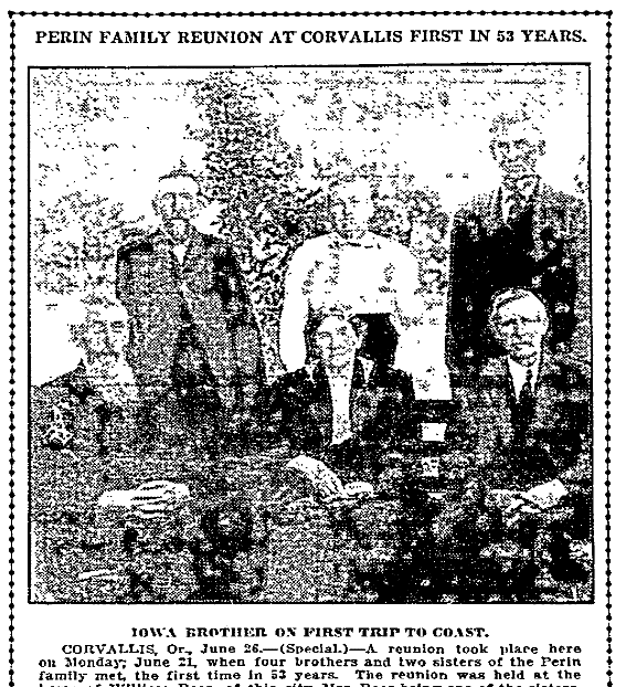 An article about a reunion of the Perin family, Oregonian newspaper article 27 June 1915