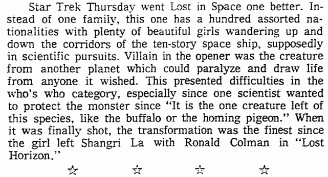 A review of "Star Trek," Oregonian newspaper article 10 September 1966