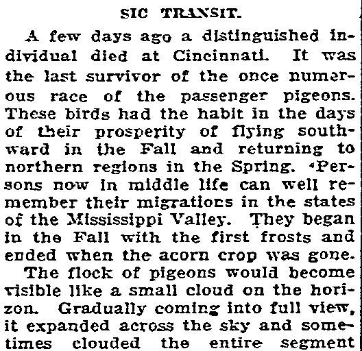 An article about the extinction of the passenger pigeon, Oregonian newspaper article 14 September 1914