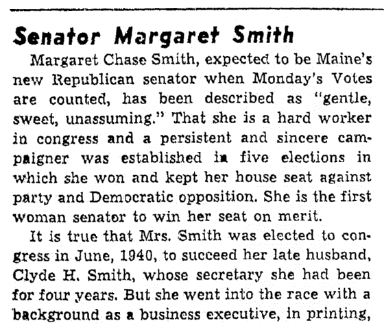 An article about Margaret Chase Smith, Oregonian newspaper article 14 September 1948