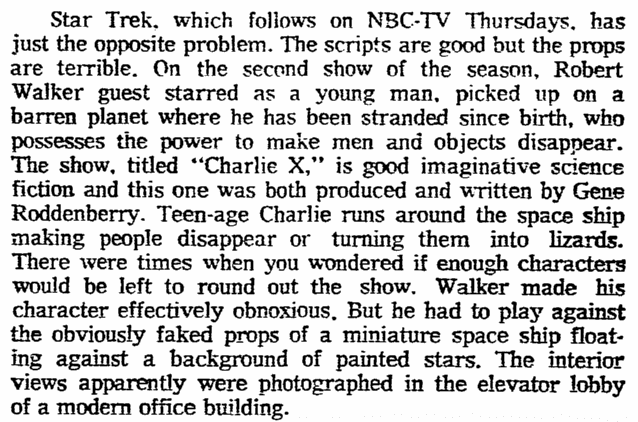 A review of "Star Trek," Oregonian newspaper article 17 September 1966