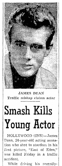An article about James Dean's fatal car crash, Oregonian newspaper article 1 October 1955