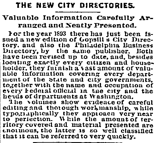 An article about city directories, Philadelphia Inquirer newspaper article 24 March 1893