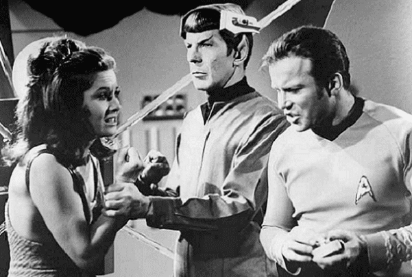 Photo: scene from the Star Trek episode "Spock's Brain." From left: Marj Dusay (Kara), Leonard Nimoy (Spock) and William Shatner (Kirk). Credit: Paramount Television; Wikimedia Commons.