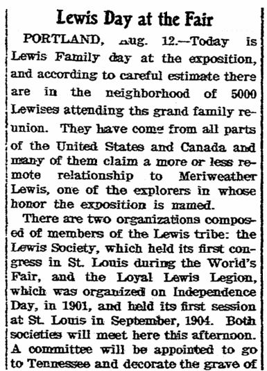 An article about a reunion of the Lewis family, Riverside Daily Press newspaper article 12 August 1905