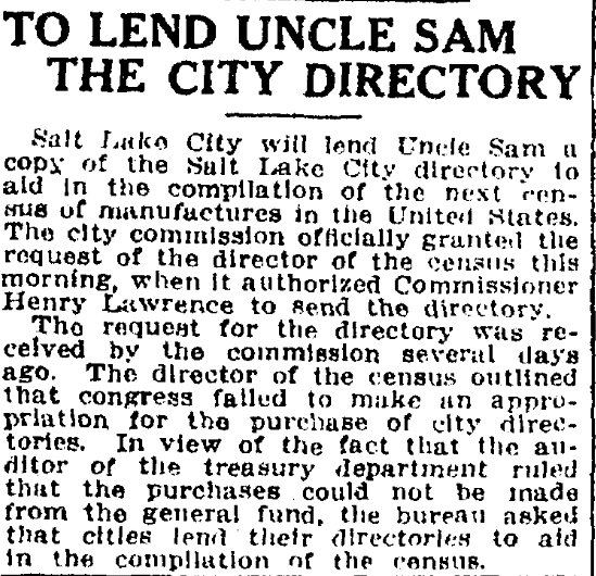 An article about city directories, Salt Lake Telegram newspaper article 6 October 1914