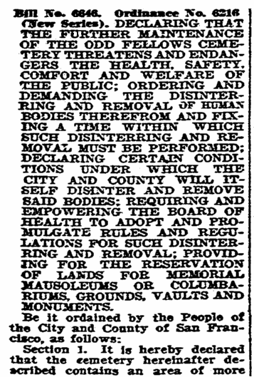 An article about a San Francisco ordinance to move a cemetery, San Francisco Chronicle newspaper article 1 May 1924