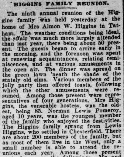 An article about a reunion of the Higgins family, Springfield Republican newspaper article 19 August 1906