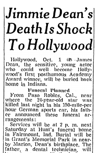 An article about James Dean's fatal car crash, Springfield Union newspaper article 2 October 195