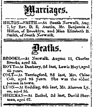 Marriage and death notices, Stamford Advocate newspaper article 17 August 1860