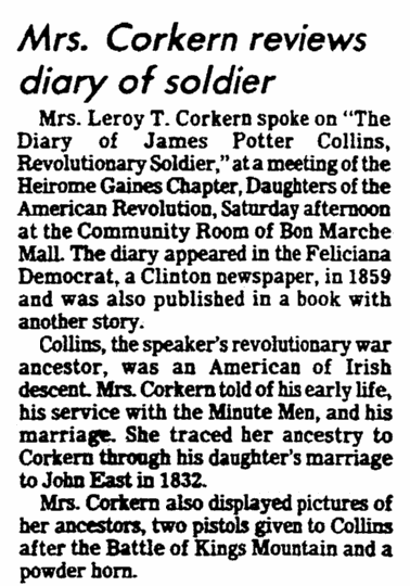 An article about Mrs. Corkern's presentation about her Revolutionary War veteran ancestor James Collins, State Times Advocate newspaper article 13 February 1980