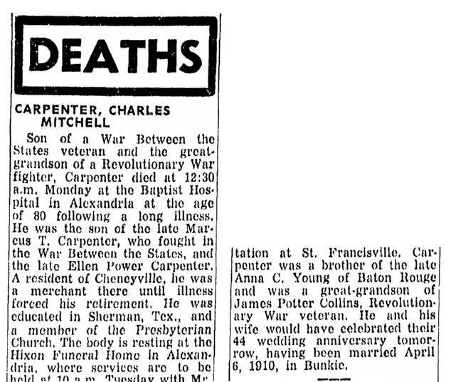 An obituary for Charles Carpenter, State Times Advocate newspaper article 5 April 1954