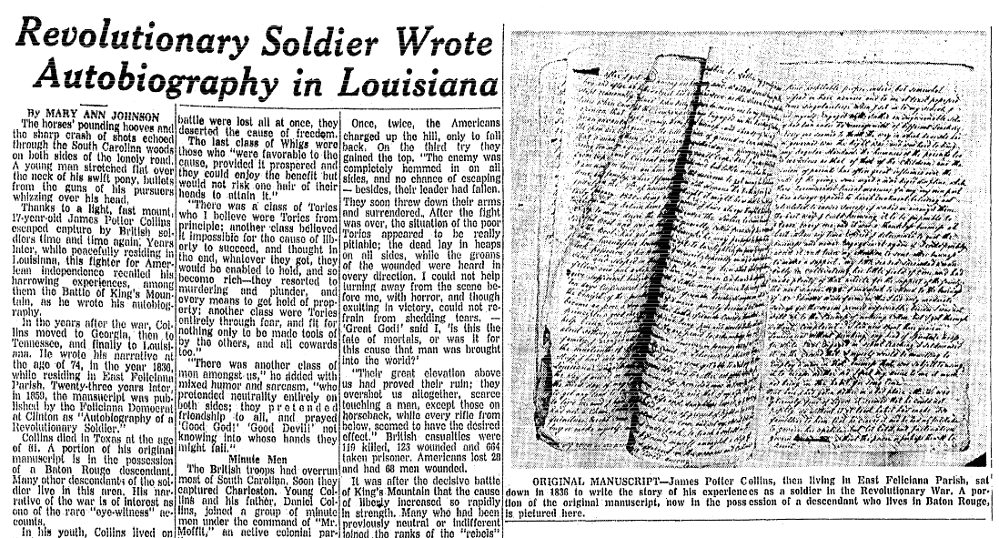 An article about the journal of Revolutionary War veteran James Collins, State Times Advocate newspaper article 12 July 1961
