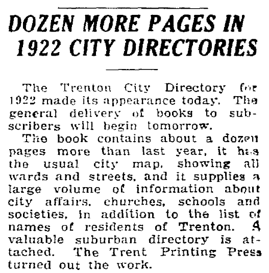 An article about city directories, Trenton Evening Times newspaper article 26 August 1922