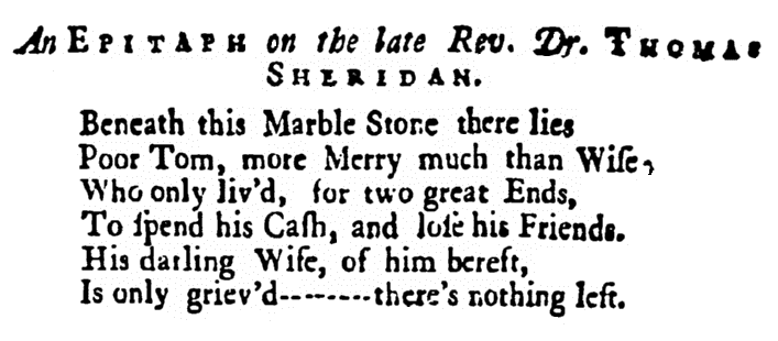 An epitaph for Thomas Sheridan, Virginia Gazette newspaper article 26 January 1738