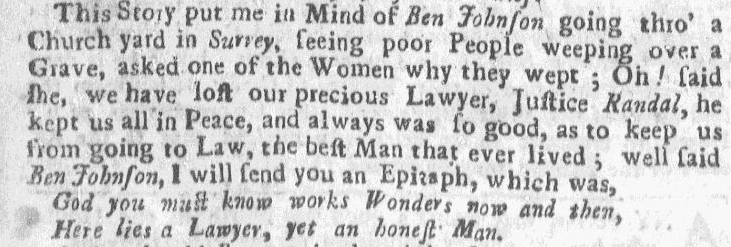 An epitaph for a lawyer, Weekly Rehearsal newspaper article 31 December 1733